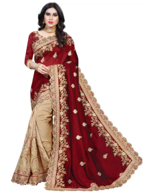 Embroidered Bollywood Silk Blend, Vichitra Saree (Beige)