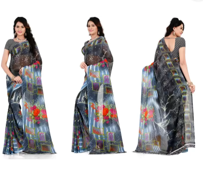 Floral Print Daily Wear Georgette Saree (Pack of 3, Pink, Orange, Grey) - Image 2