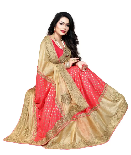 Embellished Fashion Jacquard, Art Silk Saree (Gold, Pink) - Image 2