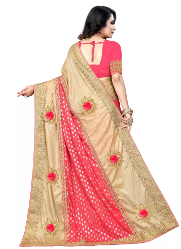 Embellished Fashion Jacquard, Art Silk Saree (Gold, Pink) - Image 3