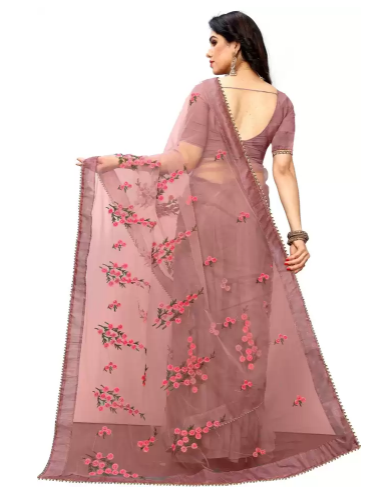 Printed Fashion Net Saree (Brown) - Image 2