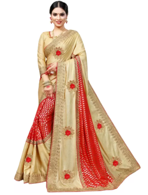 Woven Bollywood Jacquard, Art Silk Saree (Red, Gold)