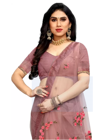 Printed Fashion Net Saree (Brown) - Image 3