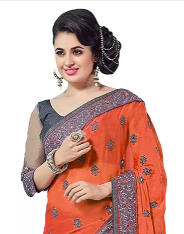Embroidered Bollywood Silk Blend Saree (Orange, Grey) - Image 3