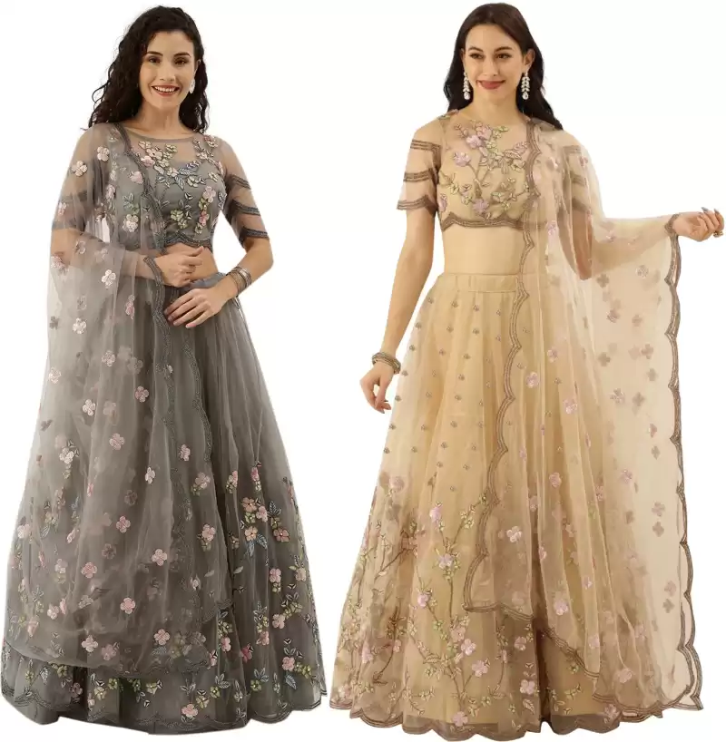 Embroidered Semi Stitched Lehenga Choli (Beige, Grey)