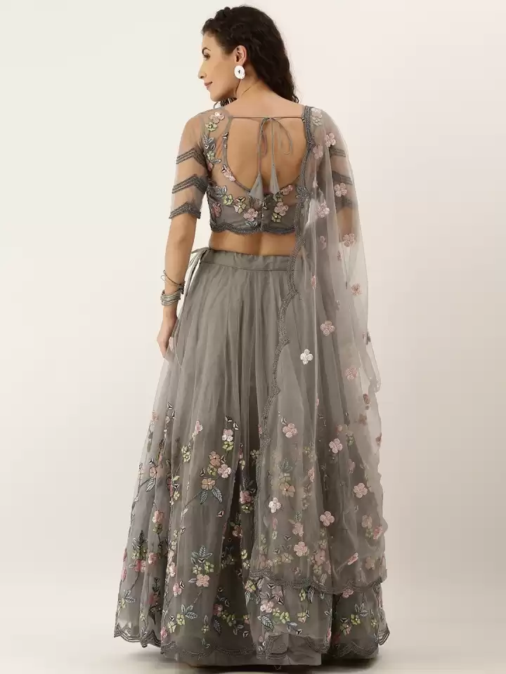 Embroidered Semi Stitched Lehenga Choli (Beige, Grey) - Image 2