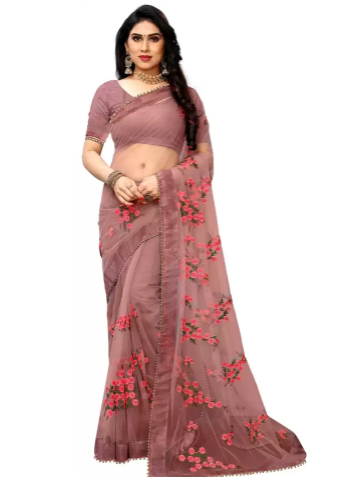 Printed Fashion Net Saree (Brown)