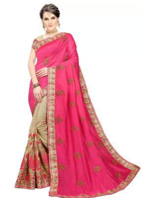 Embroidered Bollywood Silk Blend Saree (Pink)