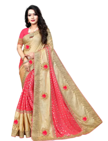 Embellished Fashion Jacquard, Art Silk Saree (Gold, Pink)