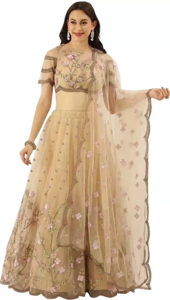Embroidered Semi Stitched Lehenga Choli (Beige, Grey) - Image 3