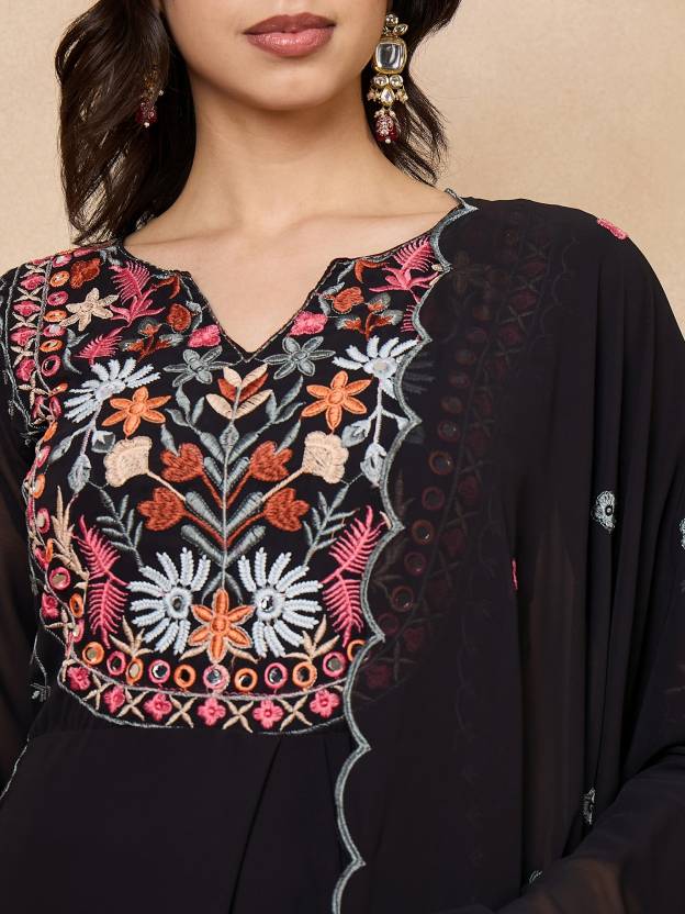 Women Georgette Kurta Palazzo Dupatta Set Black - Image 5