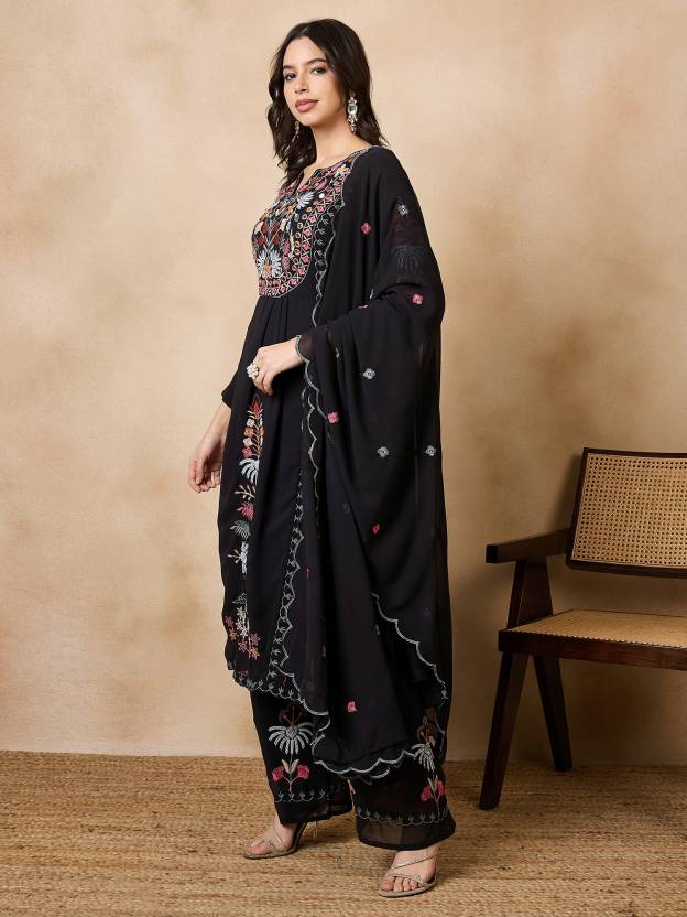 Women Georgette Kurta Palazzo Dupatta Set Black - Image 3
