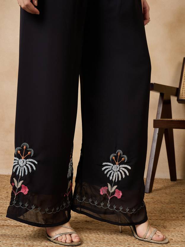 Women Georgette Kurta Palazzo Dupatta Set Black - Image 6