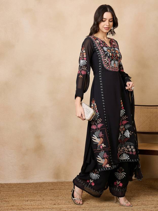 Women Georgette Kurta Palazzo Dupatta Set Black - Image 2