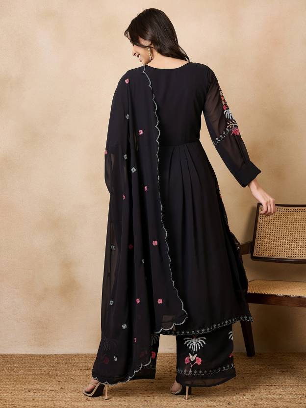 Women Georgette Kurta Palazzo Dupatta Set Black - Image 4