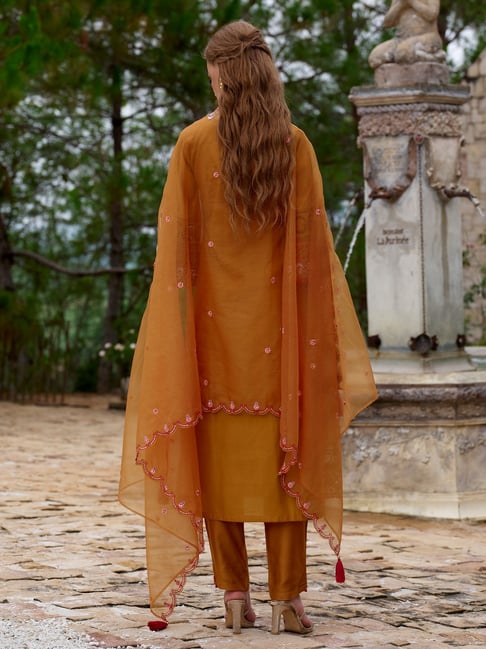 Mustard Silk Embroidered Kurti With Pants And Dupatta Set - Image 2
